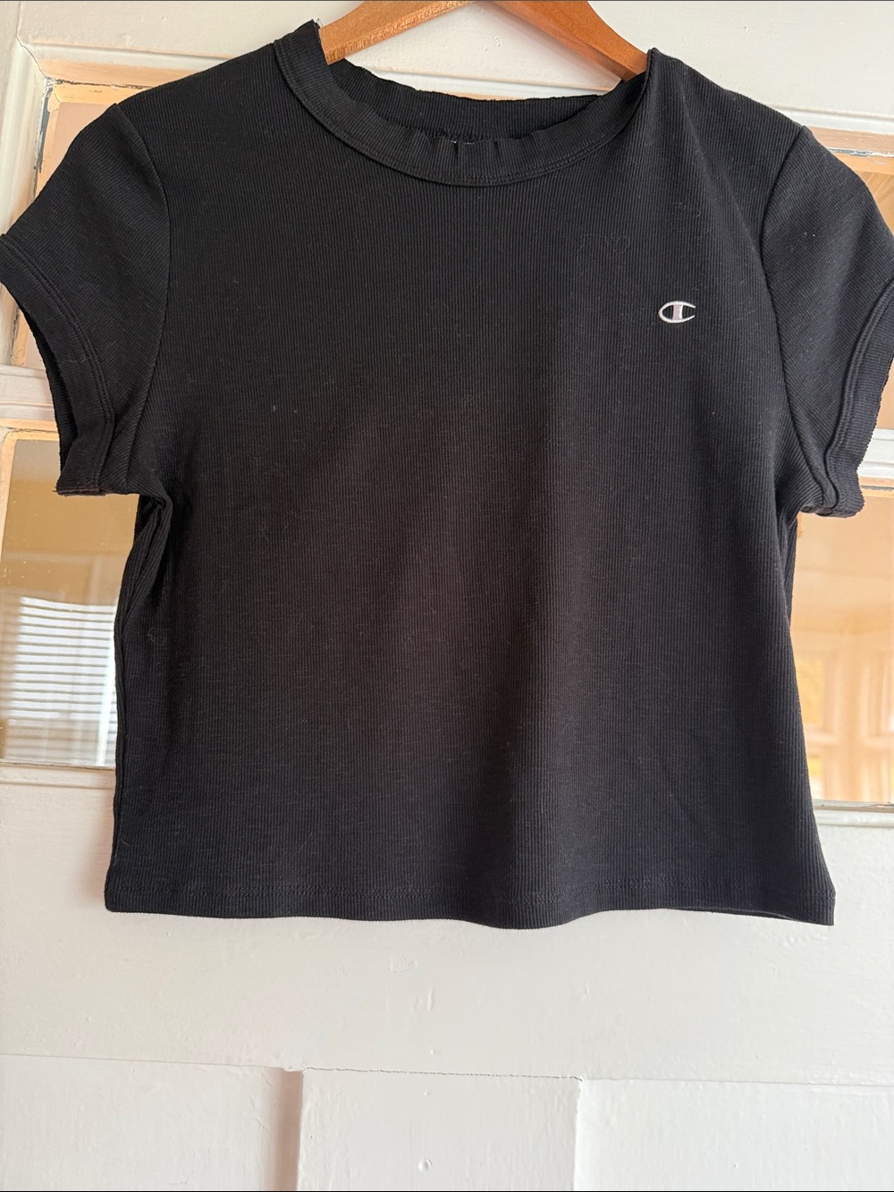 Champion Black Ribbed Crop T-Shirt with Small Logo